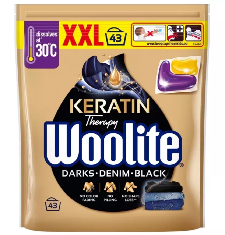 WOOLITE KAPSUŁKI DOPRANIA RZECZY CZARNYCH CIEMNYCH JEANS Z KERATYNĄ 43SZT