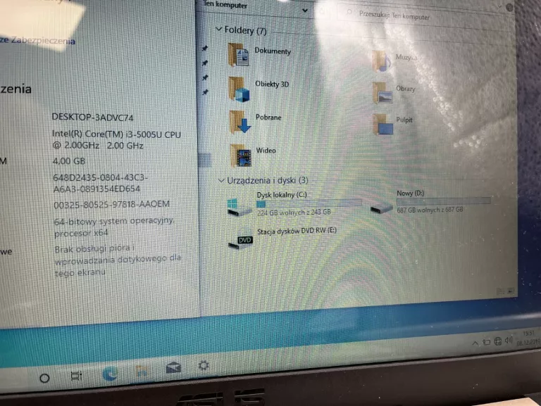 ASUS A540L 1TB HDD 4GB RAM I3-5005U NVIDIA 920M DZIAŁA TYLKO NA ZASILACZU