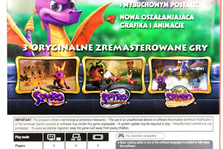 GRA NINTENDO SWITCH SPYRO REIGNITED TRILOGY 3 GRY DUBBING PL