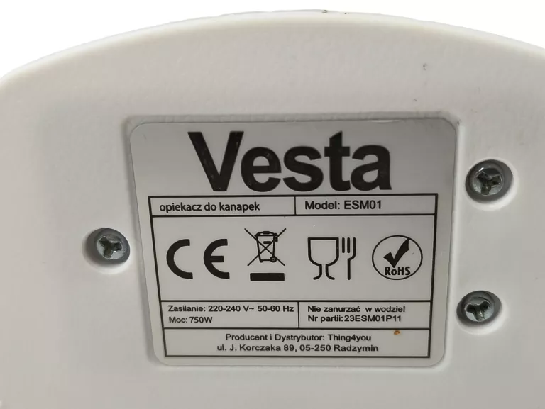 TOSTER OPIEKACZ DO KANAPEK SANDWICZ VESTA ESM01 750W 4 TRÓJKĄTY BIAŁY