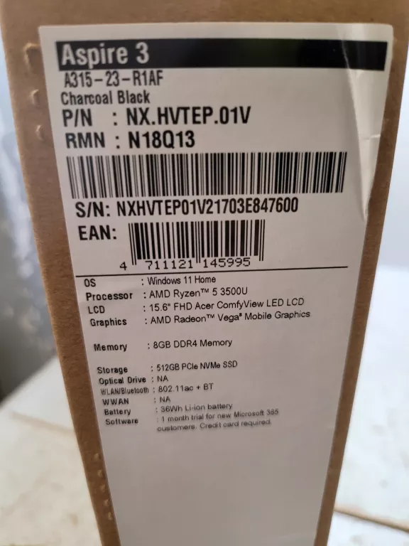 LAPTOP ACER ASPIRE 3 RYZEN 5 3500 /8GB/512GB