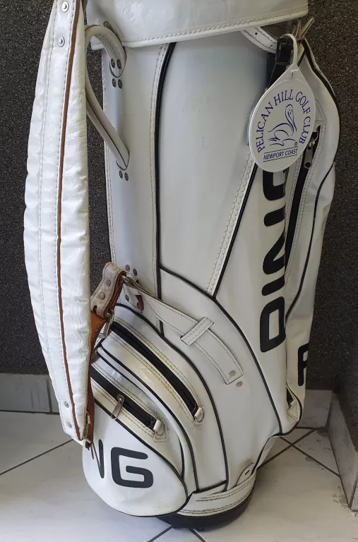 VINTAGE PING GOLF VINYL LEATHER CART BAG WITH RAIN COVER Żelaza