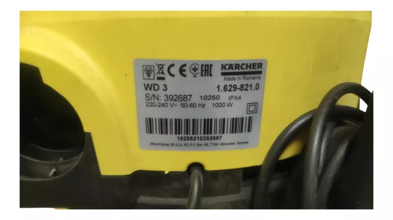 ODKURZACZ PRZEMYSŁOWY KARCHER WD 3 1000W ŻÓŁTY 17L DOMOWY WARSZTATOWY
