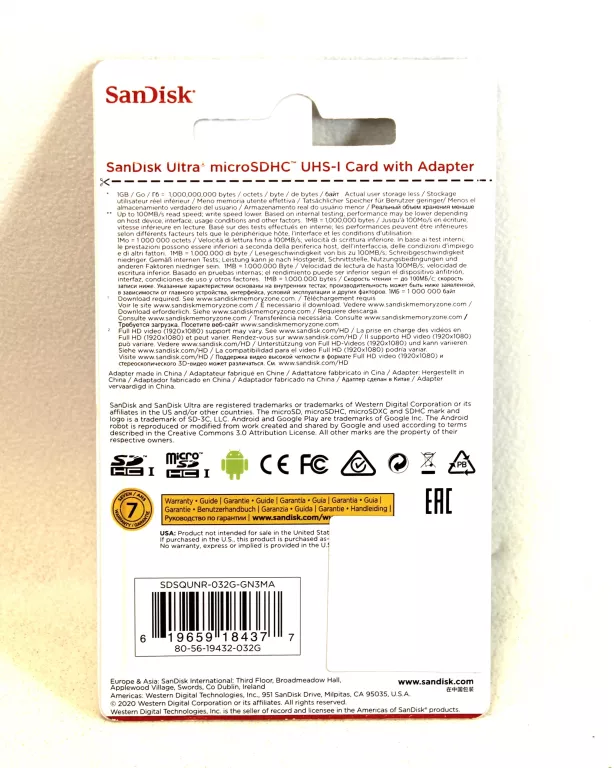 SANDISK 32GB MICRO SD HC CL10 ULTRA 100MB/S UHS-1+ADAPTER KARTA PAMIĘCI