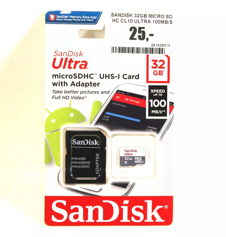 SANDISK 32GB MICRO SD HC CL10 ULTRA 100MB/S UHS-1+ADAPTER KARTA PAMIĘCI