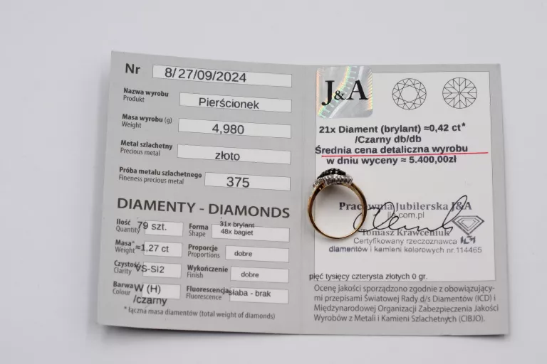 WYJĄTKOWY ZŁOTY PIERŚCIONEK CZARNE DIAMENTY 4,97G 1,27CT 375