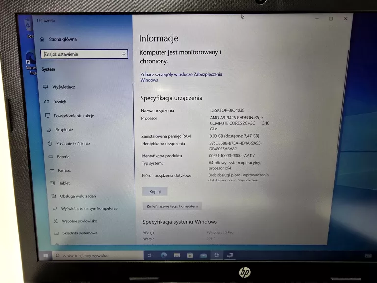 LAPTOP HP 15-DB0470UR AMD A9/RAM: 8GB/SSD: 128GB/WIN 10 PRO