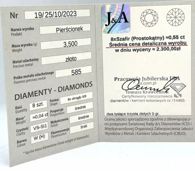 PRZEŚLICZNY ZŁOTY PIERŚCIONEK Z SZAFIRAMI 585 3,5G 0,04CT