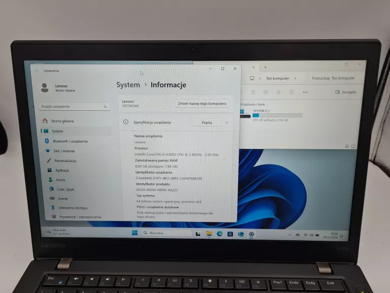 LAPTOP LENOVO THINKPAD T470S I5-6300U 8GB/250GB 14"