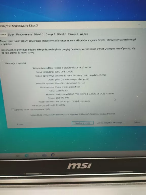 LAPTOP MSI GV62 7RD MF286 KLP PUD + ŁAD