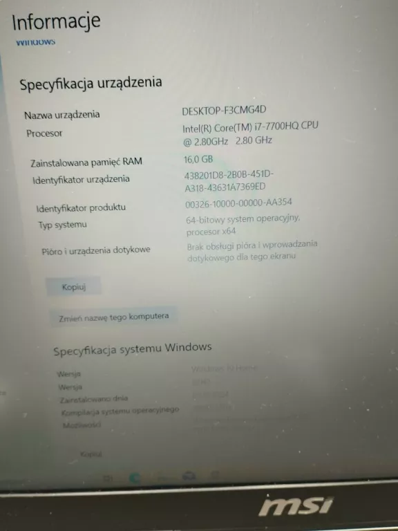 LAPTOP MSI GV62 7RD MF286 KLP PUD + ŁAD