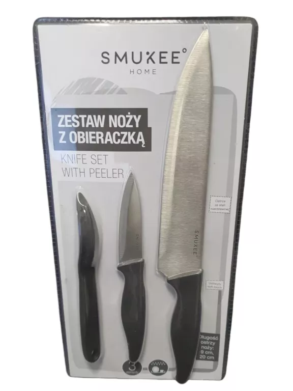 SMUKEE ZESTAW 2 NOŻY ZE STALI NIERDZEWNEJ 9/20 CM + OBIERACZKA CZARNE