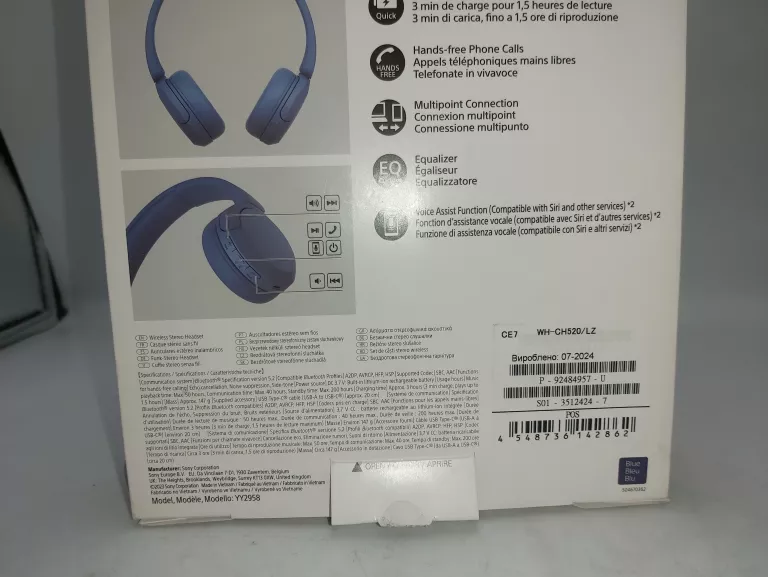 SŁUCHAWKI BLUETOOTH SONY WH-CH520 NIEBIESKIE, KOMPLET!!!