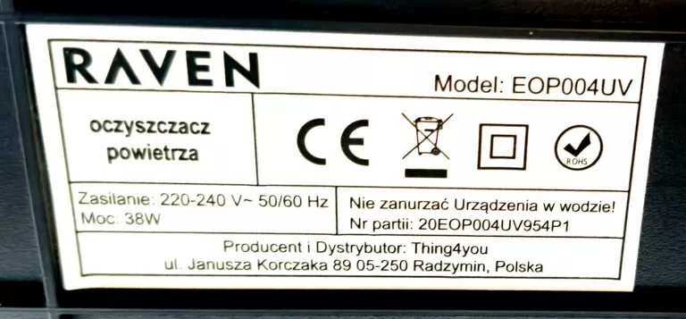 OCZYSZCZACZ POWIETRZA RAVEN EOP004UV Z LAMPĄ UV-C 340M3/H DO 68M2 JONIZACJ