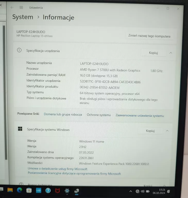 LAPTOP HP PAVILION 15-EH1112NW 15,6 R7 5700U 16GB RAM 1TB SSD
