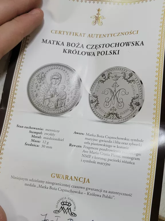 moneta-matka-boza-czestochowska-certyfikat-osiedle-niepodleglosci-1-krakow