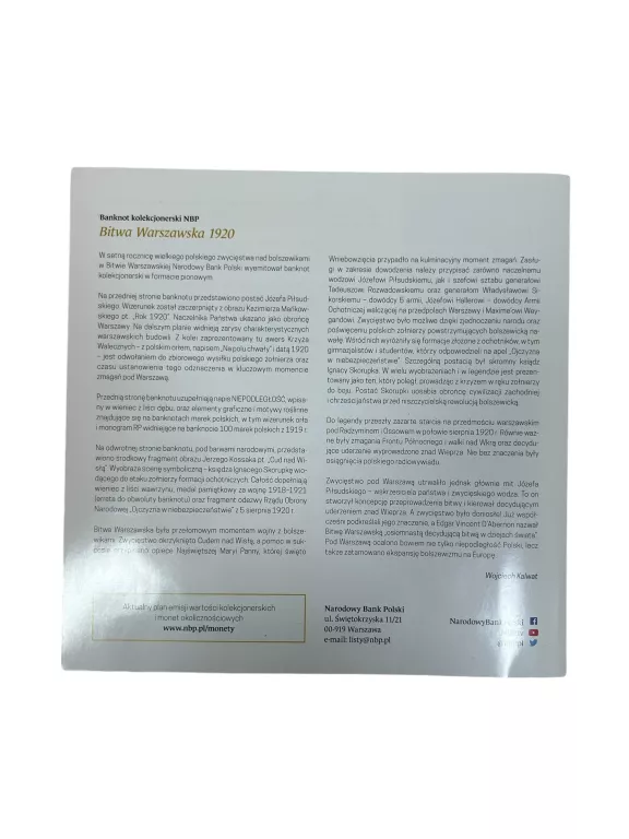 BANKNOT 20 ZŁ BITWA WARSZAWSKA 1920 + FOLDER EMISYJNY
