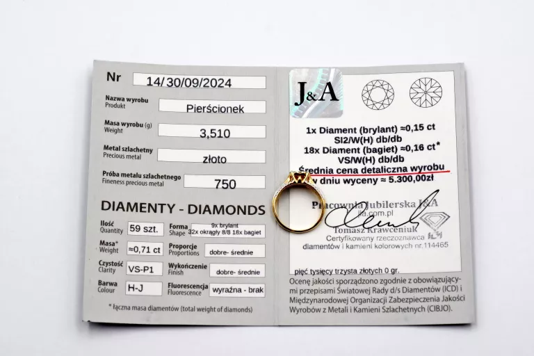 PRZEPIĘKNY ZŁOTY PIERŚCIONEK Z BRYLANTAMI PR.750 3.51G 0.71CT R: 12 18K
