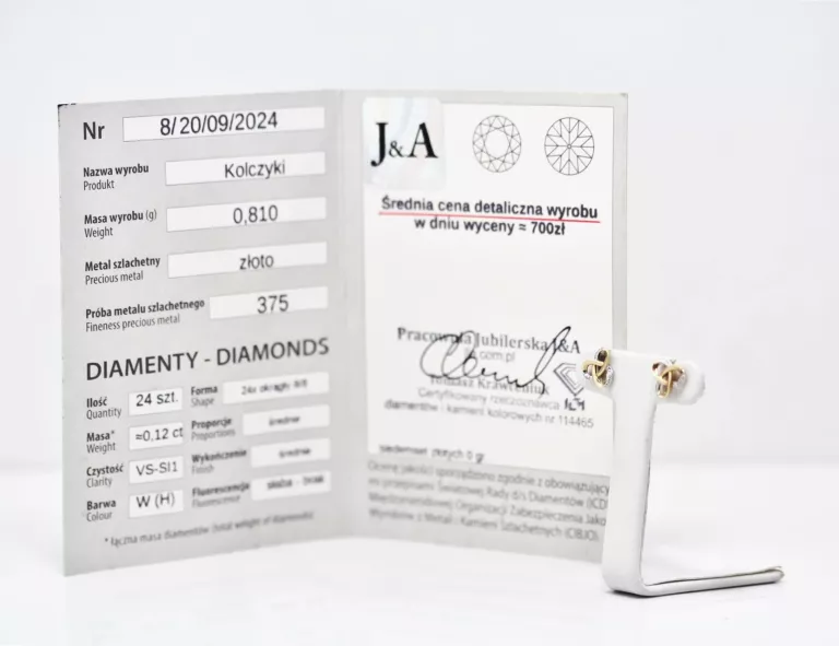 DELIKATNE ZŁOTE KOLCZYKI P: 375 W: 0,83 G. DIAMENTY 0,12CT