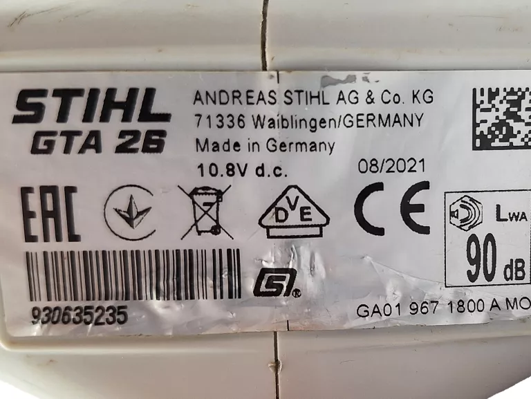 PRZECINARKA AKUMULATOROWA DO DREWNA STIHL GTA 26 + AKU 2,1AH + ŁADOWARKA