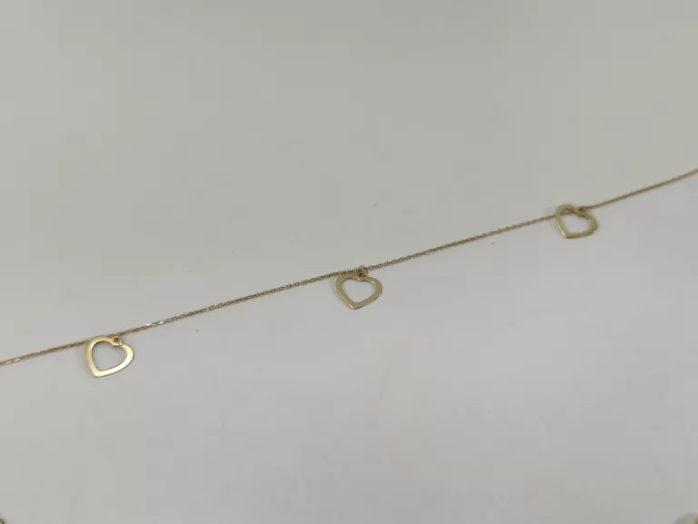 ŚLICZNY ZŁOTY ŁAŃCUSZEK Z 3 SERDUSZKAMI PRÓBY 585 1,01 G 46 CM DŁUGOŚCI