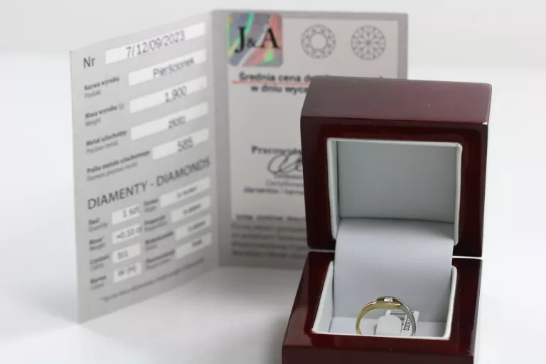ZŁOTY PIERŚCIONEK Z BRYLANTEM 0,10CT 585 ROZMIAR 13 CERTYFIKAT