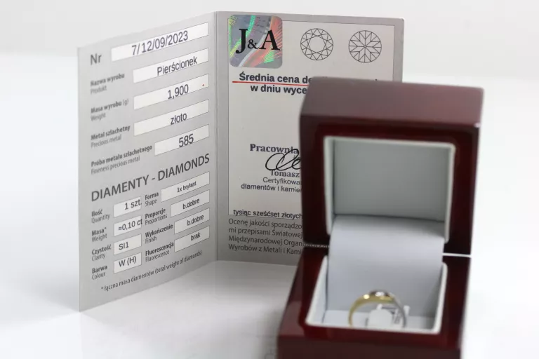 ZŁOTY PIERŚCIONEK Z BRYLANTEM 0,10CT 585 ROZMIAR 13 CERTYFIKAT