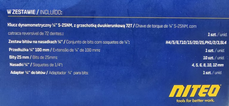 KLUCZ DYNAMOMETRYCZNY 1/4" NITEO TOOLS / MODEL 240377-TW30 / WALIZKA