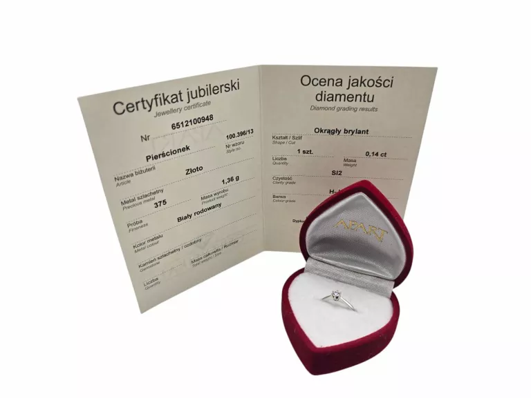 PIERŚCIONEK APART DIAMENT 0,14CT SI2 H-J 375 CERTYFIKAT