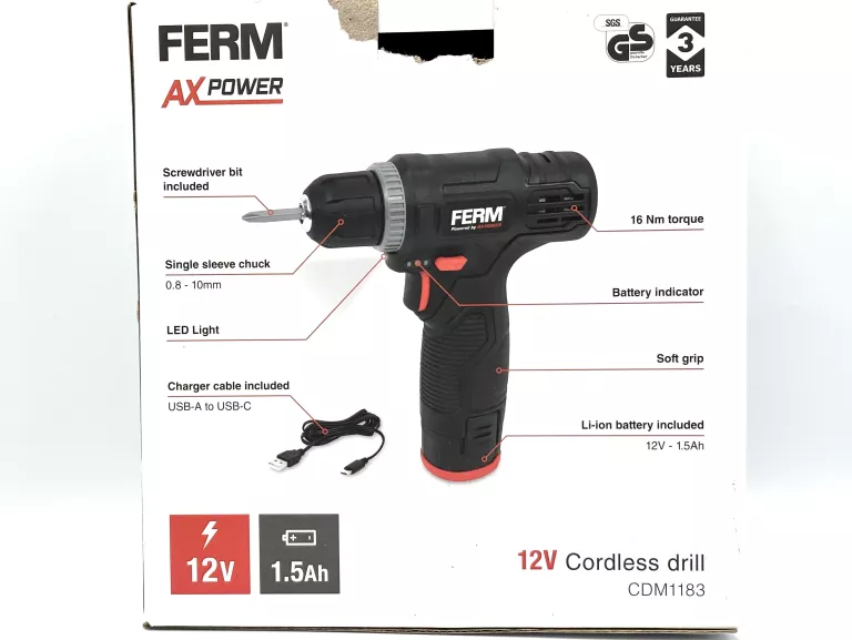 WKRĘTARKA FERM CDM1183 AX POWER 12V AKUMULATOR 1.5AH USB-C 0.8-10MM 16NM