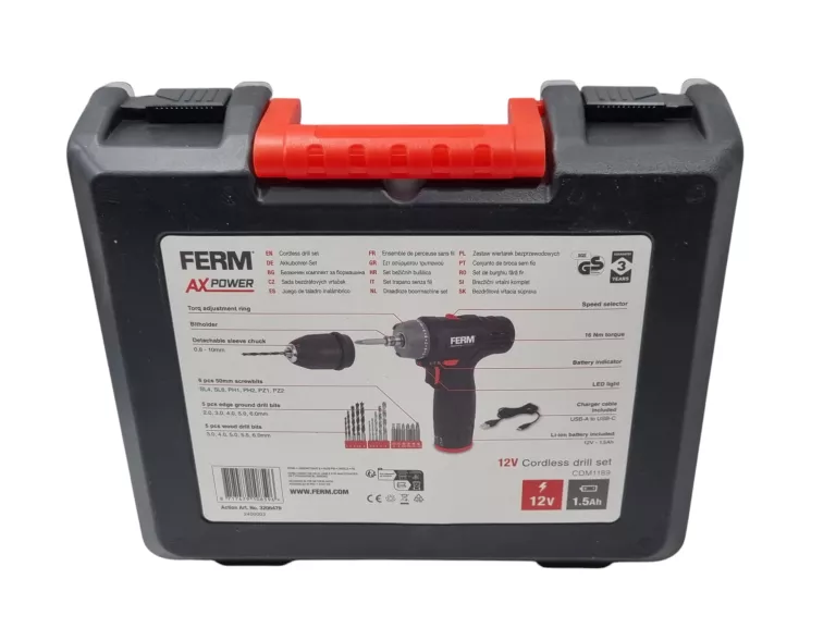 DOSKONAŁA WKRĘTARKA FERM AX POWER Z BITAMI I WIERTŁAMI CDM1189
