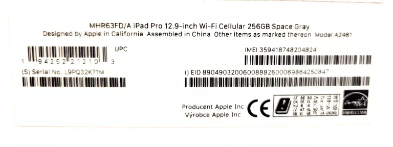 TABLET APPLE IPAD PRO A2461 (5TH GEN) 12,9" 8 GB / 256 GB