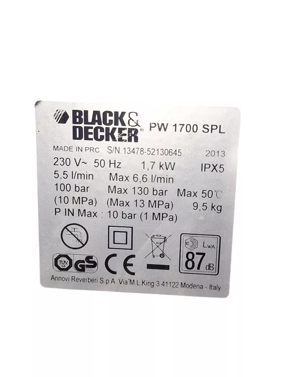 MYJKA WYSOKOCIŚNIENIOWA BLACK DECKER PW1700SPM