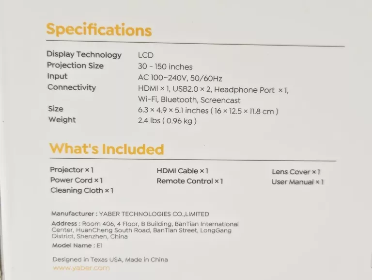 PROJEKTOR YABER E1 MINI PROJECTOR X003 DULAX