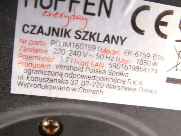 CZAJNIK HOFFEN SZKLANY POJM160159
