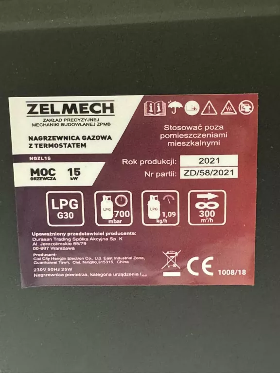 NAGRZEWNICA GAZOWA Z TERMOSTATEM  ZELMECH 15W NGZL15 KOMPLET