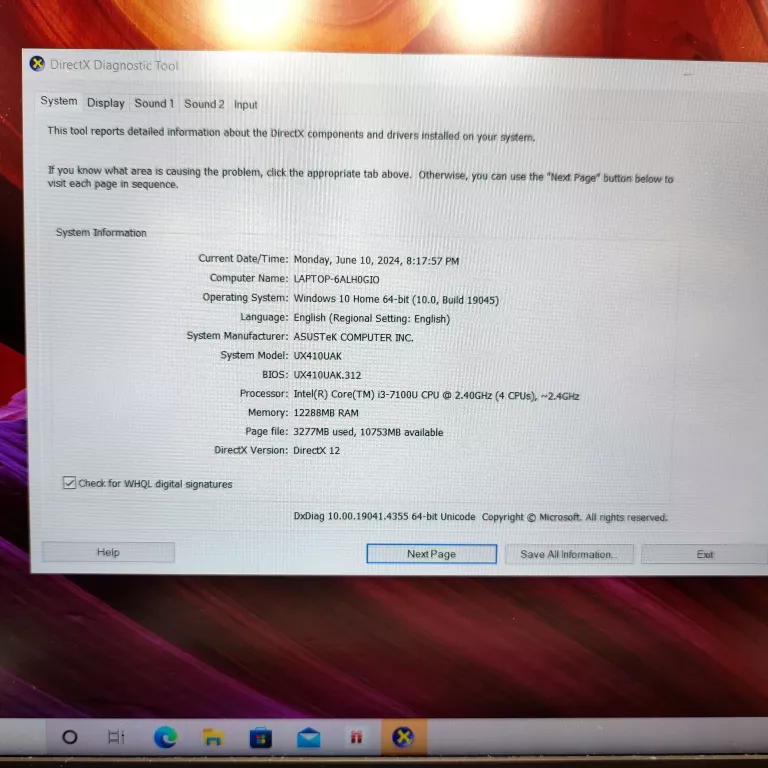 LAPTOP ASUS UX410U I7-7100 12GB / 932GB