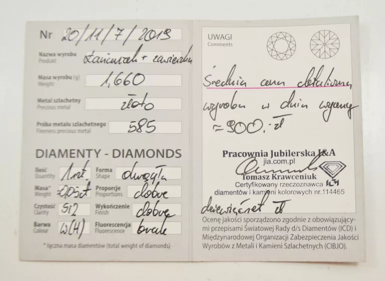 ZŁOTY ŁAŃCUSZEK + ZAWIESZKĄ [585; 1,66 G; 49 CM] DIAMENT