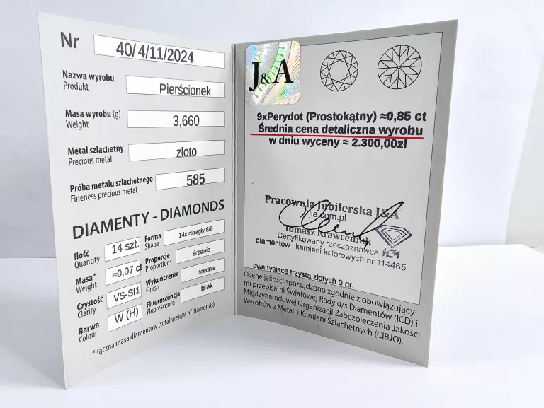 ZŁOTY PIERŚCIONEK 0,85 CT Z DIAMENTAMI ROZMIAR 12 CERTYFIKAT