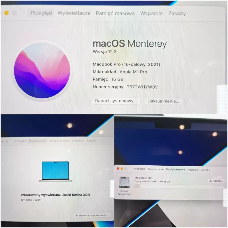 LAPTOP APPLE MACBOOK PRO 2021 16,2" M1 PRO 16GBRAM KOMPLET + DOKUMENTY
