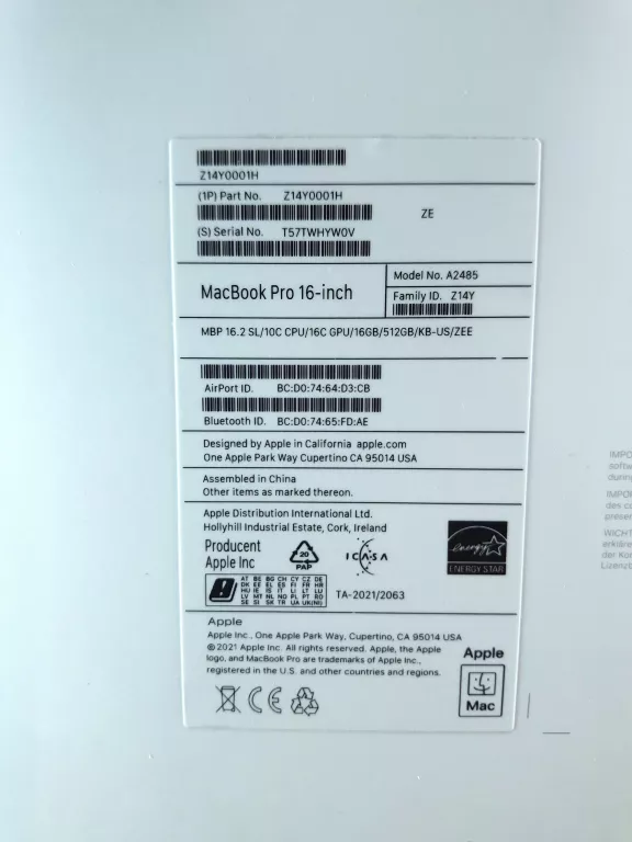LAPTOP APPLE MACBOOK PRO 2021 16,2" M1 PRO 16GBRAM KOMPLET + DOKUMENTY