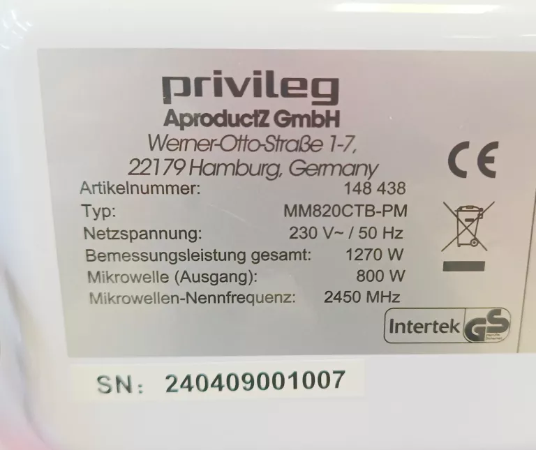 KUCHENKA MIKROFALOWA PRIVILEG MM820CTB-PM
