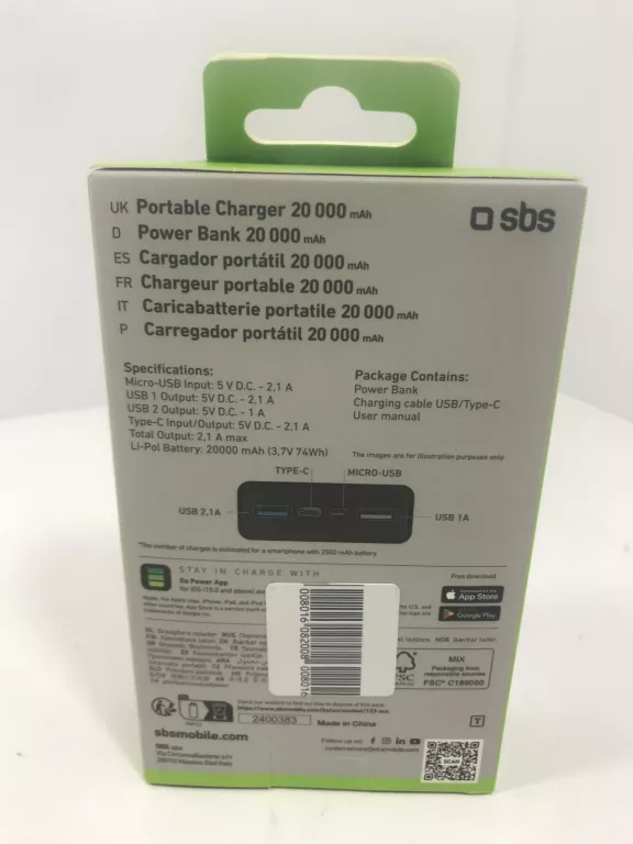 POWERBANK SBS 20000MAH FAST CHARGE