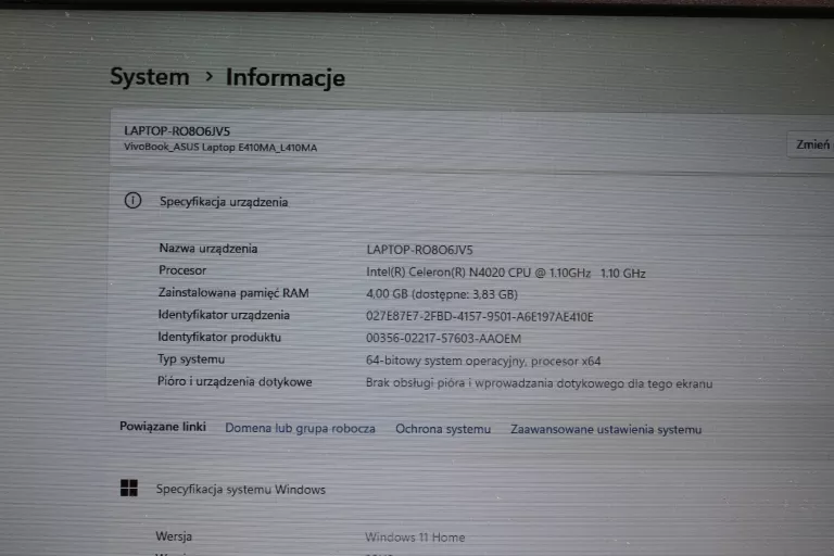 LAPTOP ASUS L410M WIN11/128GB/4GB Z ŁADOWARKĄ
