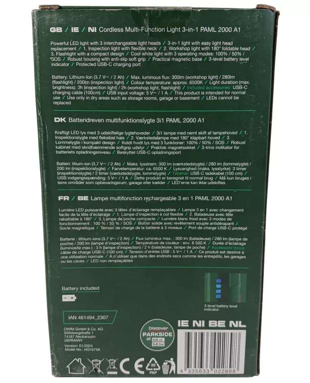 PARKSIDE AKUMULATOROWA LATARKA LED 3W1 LAMPKA WARSZTATOWA