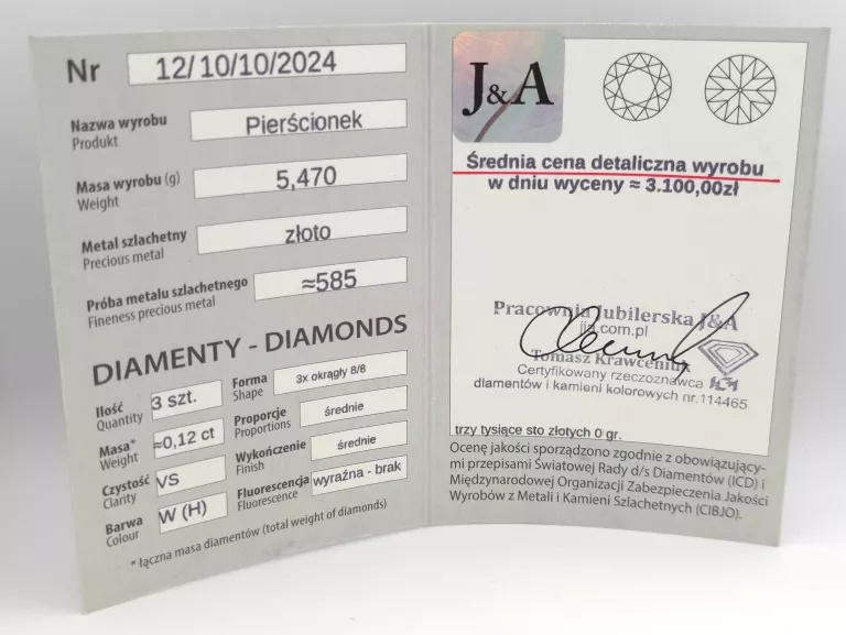 ZŁOTY PIERŚCIONEK Z DIAMENTAMI - 585 14K R.15 5,47G CERT