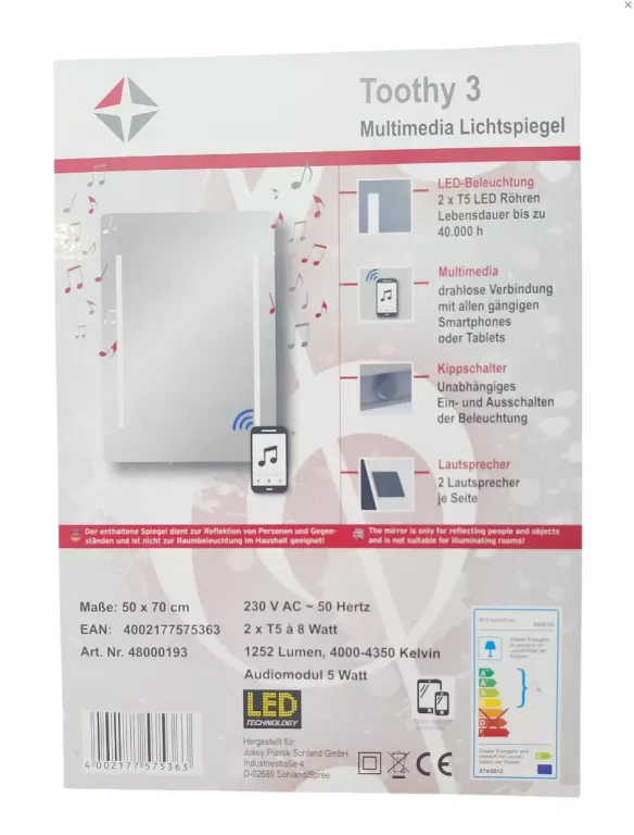 LUSTRO ŁAZIENKOWE MME-LED-LICHTSPIEGEL TOOTHY III, B 50 X H 70 CM