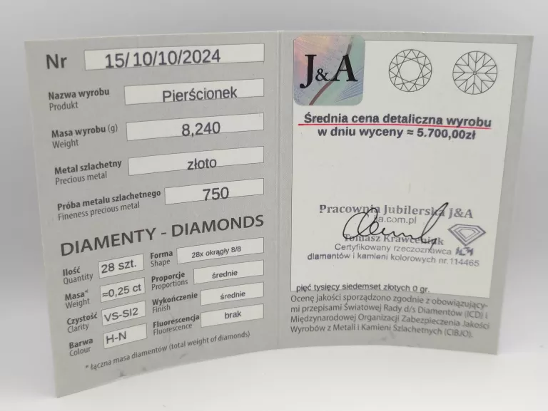 ZŁOTY PIERŚCIONEK Z DIAMENTOWI - 750 18K R.17 8,24G CERT