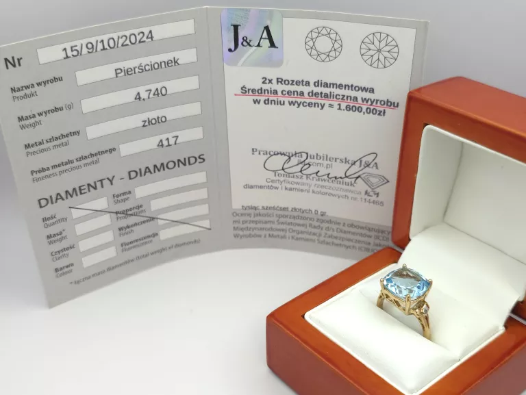 ZŁOTY PIERŚCIONEK Z BŁĘKITNYM KAMIENIEM - 417 10K R.14 4,74G