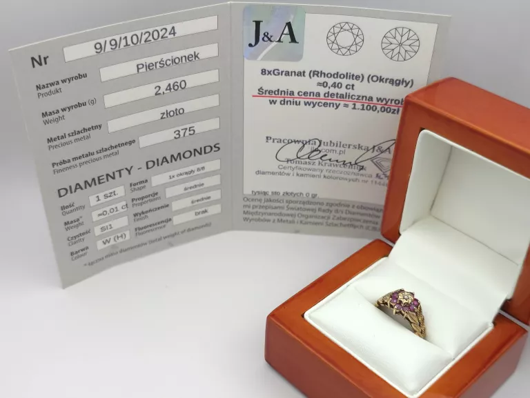 ZŁOTY PIERŚCIONEK DIAMENT I GRANAT - 375 9K R.9 2,46G CERT